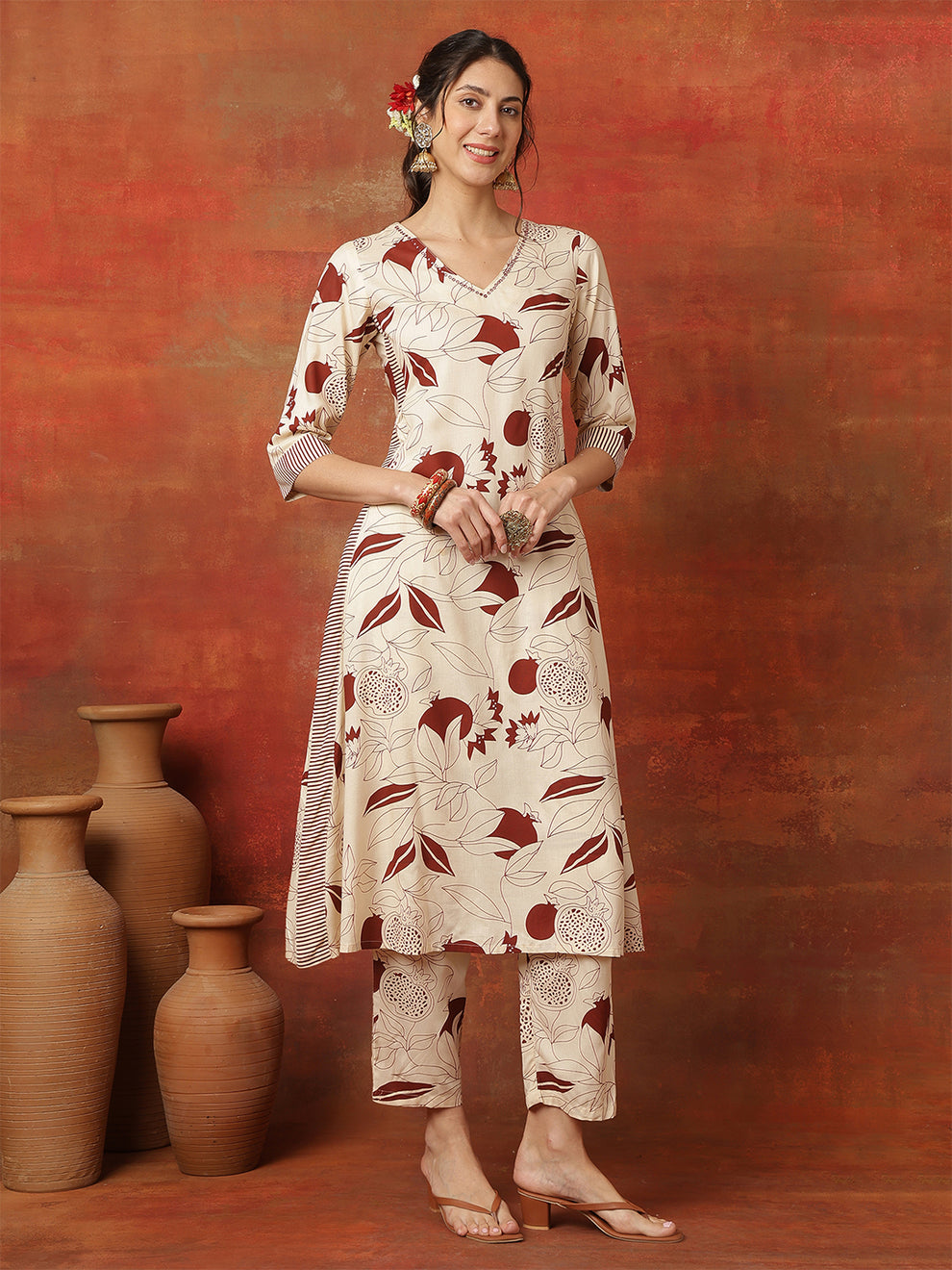 Rayon Calf Length Printed Straight Kurta Pant set