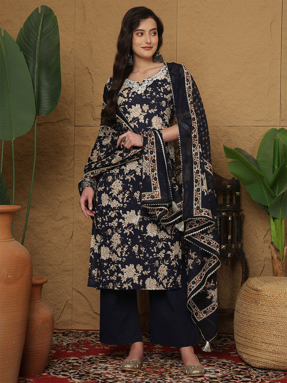 Cotton Calf Length printed kurta pant set with dupatta (Navy Blue)