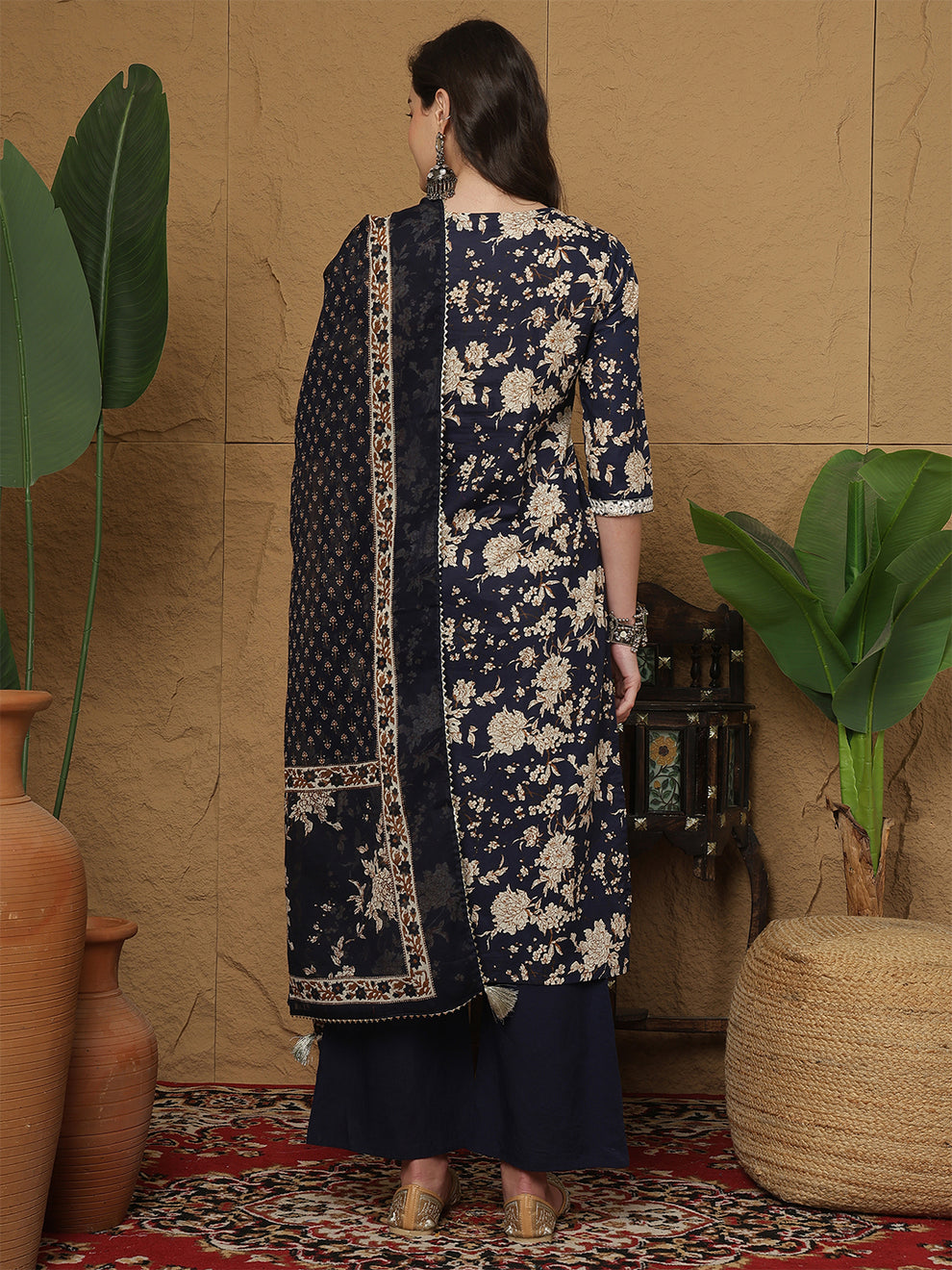 Cotton Calf Length printed kurta pant set with dupatta (Navy Blue)