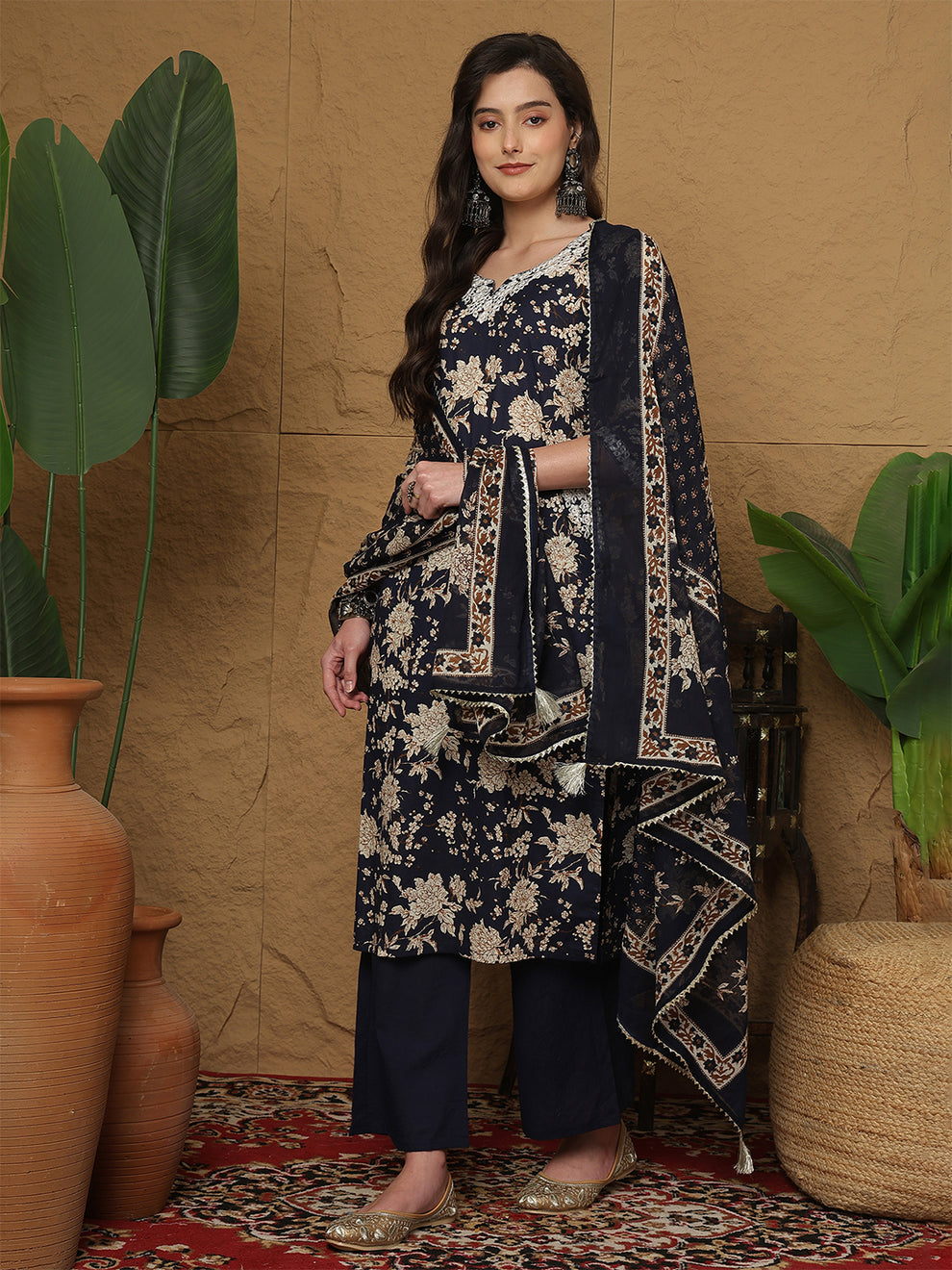 Cotton Calf Length printed kurta pant set with dupatta (Navy Blue)