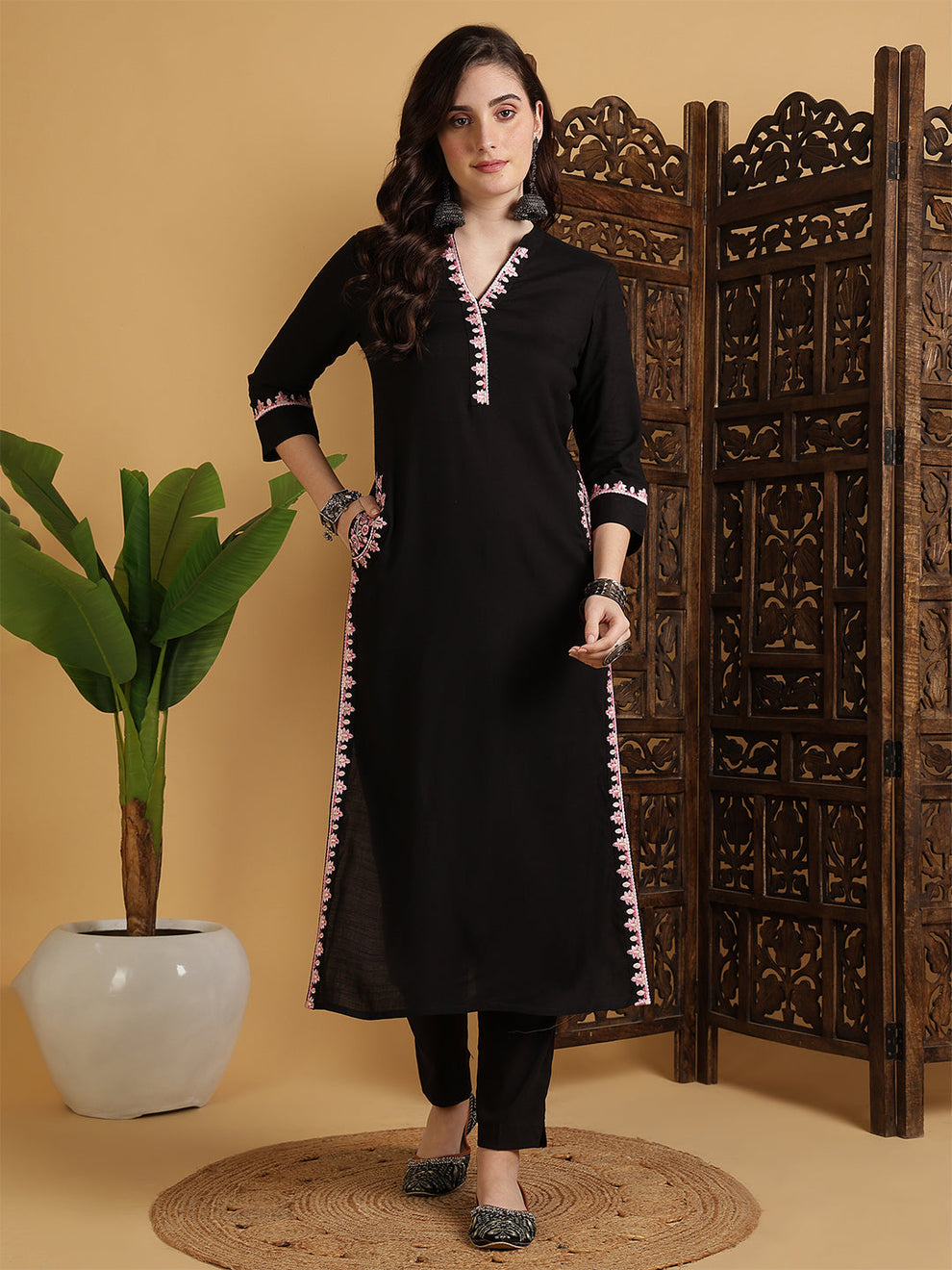 Rayon Calf Length Solid black straight kurta
