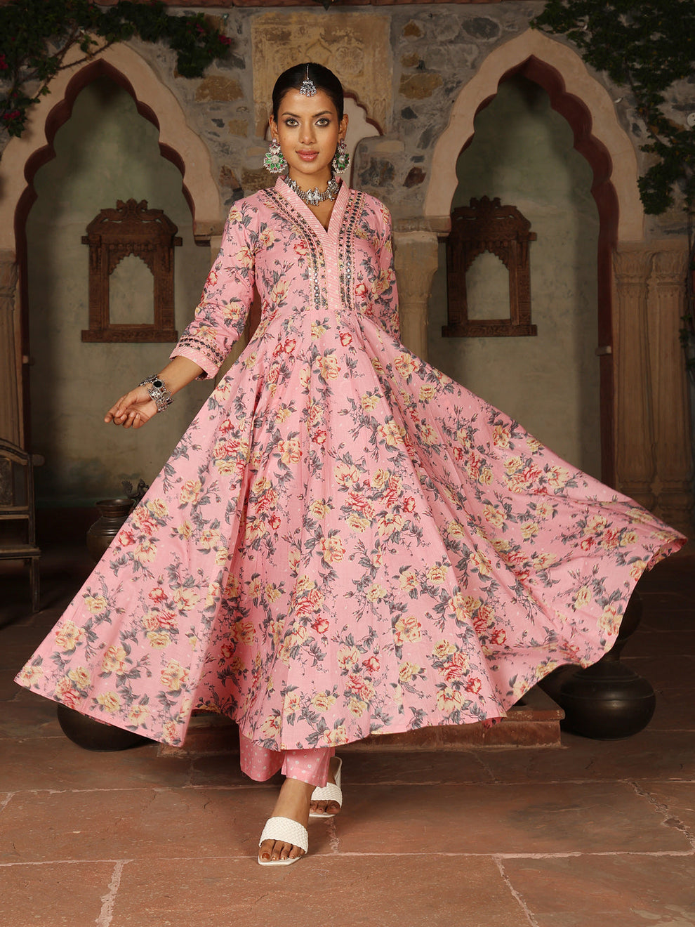 Cotton Calf Length Printed Flared 3/4 Sleeves V-Neck Kurta Suit Set