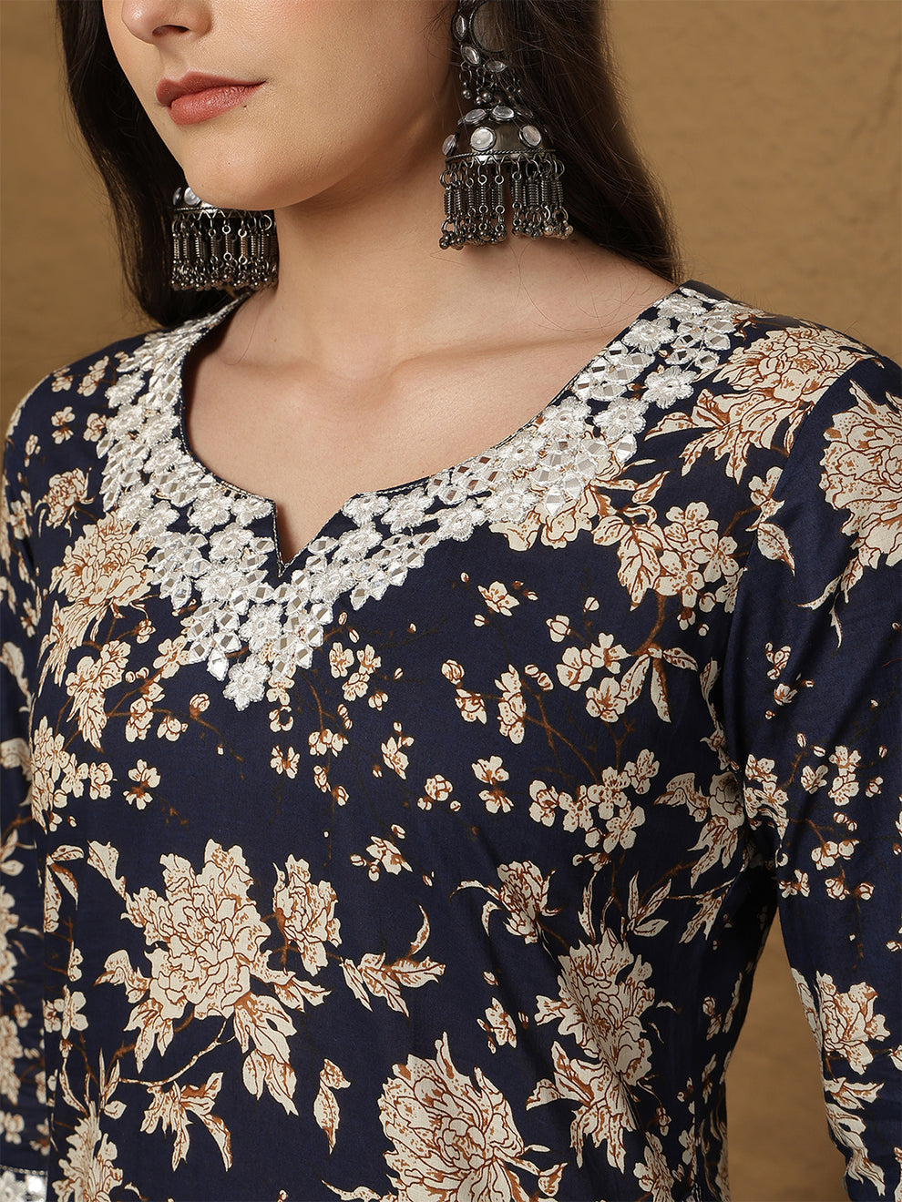 Cotton Calf Length printed kurta pant set with dupatta (Navy Blue)