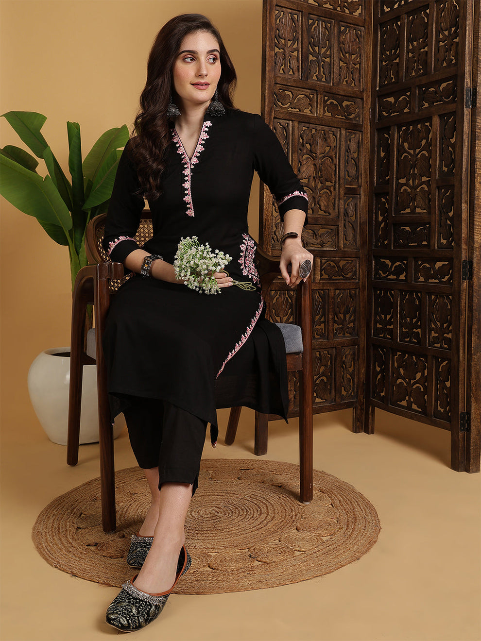 Rayon Calf Length Solid black straight kurta