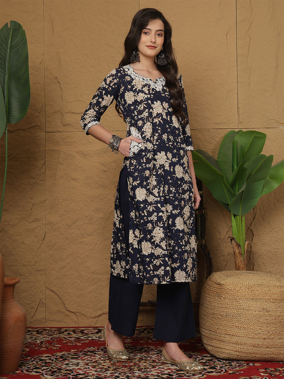 Cotton Calf Length printed kurta pant set with dupatta (Navy Blue)